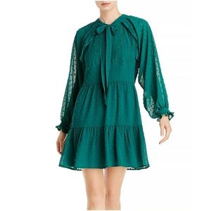Aqua NWT Ruffle Clip Dot Mini Dress Pussy Bow Bishop Sleeves V Neck Green New